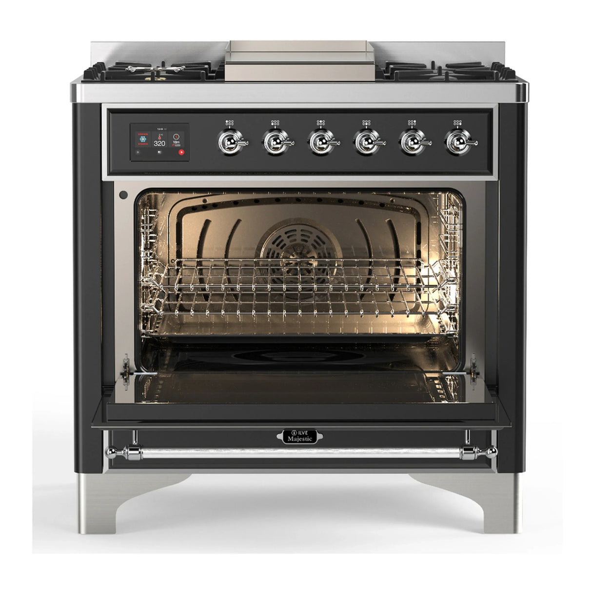 ILVE Majestic III 36-inch Dual Fuel Range with 6 Natural Gas Burner, Griddle and Triple Glass Door Electric Oven in Graphite Matte with Chrome Trim (UM36FNR3MGC)