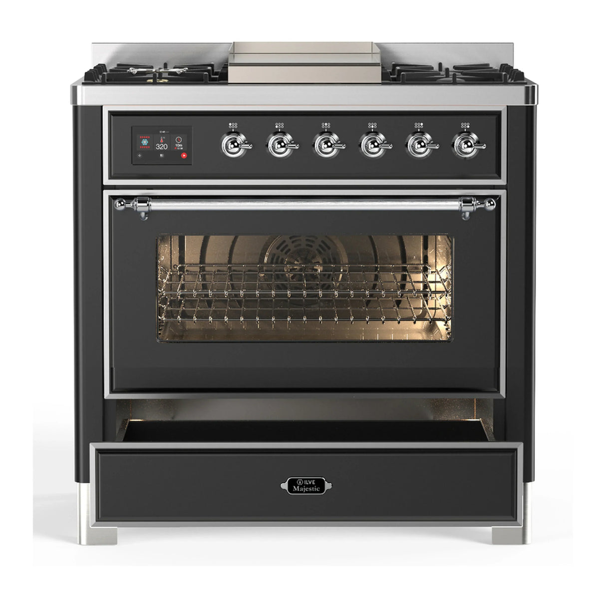 ILVE Majestic III 36-inch Dual Fuel Range with 6 Natural Gas Burner, Griddle and Triple Glass Door Electric Oven in Graphite Matte with Chrome Trim (UM36FNR3MGC)