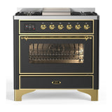 ILVE Majestic III 36-inch Dual Fuel Range with 5 Liquid Propane Burner, Griddle and Triple Glass Door Electric Oven in Graphite Matte with Brass Trim (UM36FNR3MGGLP)