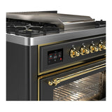 ILVE Majestic III 36-inch Dual Fuel Range with 5 Liquid Propane Burner, Griddle and Triple Glass Door Electric Oven in Graphite Matte with Brass Trim (UM36FNR3MGGLP)