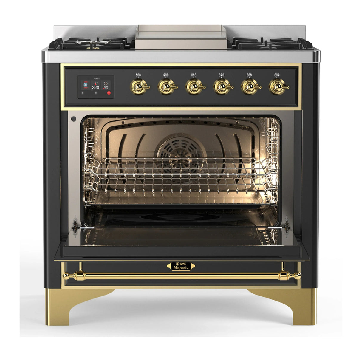ILVE Majestic III 36-inch Dual Fuel Range with 5 Liquid Propane Burner, Griddle and Triple Glass Door Electric Oven in Graphite Matte with Brass Trim (UM36FNR3MGGLP)