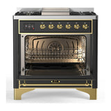 ILVE Majestic III 36-inch Dual Fuel Range with 6 Natural Gas Burner, Griddle and Triple Glass Door Electric Oven in Graphite Matte with Brass Trim (UM36FNR3MGG)