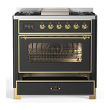 ILVE Majestic III 36-inch Dual Fuel Range with 5 Liquid Propane Burner, Griddle and Triple Glass Door Electric Oven in Graphite Matte with Brass Trim (UM36FNR3MGGLP)