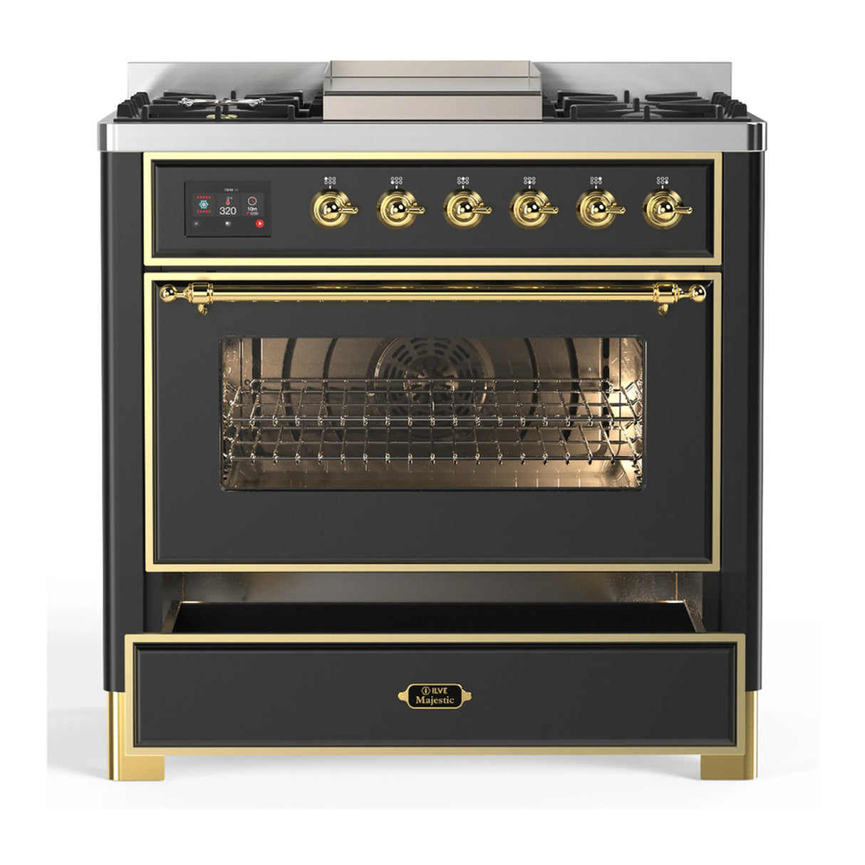 ILVE Majestic III 36-inch Dual Fuel Range with 6 Natural Gas Burner, Griddle and Triple Glass Door Electric Oven in Graphite Matte with Brass Trim (UM36FNR3MGG)