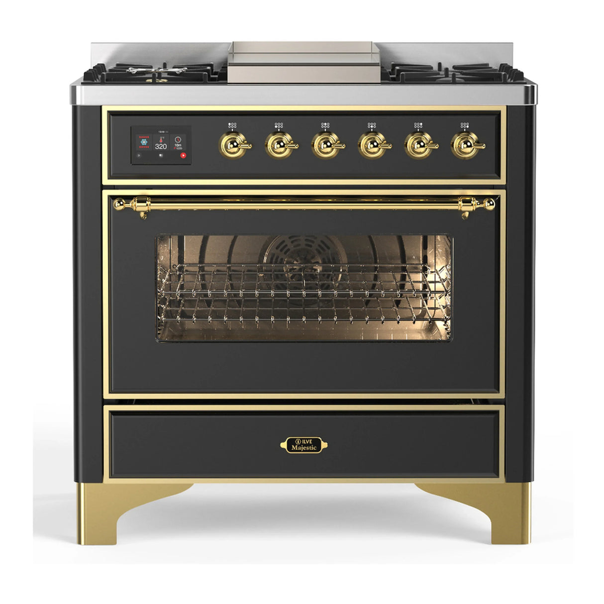 ILVE Majestic III 36-inch Dual Fuel Range with 6 Natural Gas Burner, Griddle and Triple Glass Door Electric Oven in Graphite Matte with Brass Trim (UM36FNR3MGG)