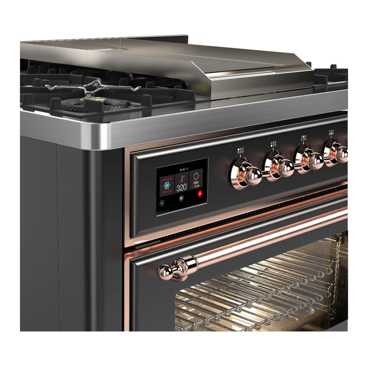 ILVE Majestic III 36-inch Dual Fuel Range with 5 Liquid Propane Burner, Griddle and Triple Glass Door Electric Oven in Graphite Matte with Copper Trim (UM36FNR3MGPLP)