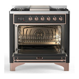 ILVE Majestic III 36-inch Dual Fuel Range with 5 Liquid Propane Burner, Griddle and Triple Glass Door Electric Oven in Graphite Matte with Copper Trim (UM36FNR3MGPLP)