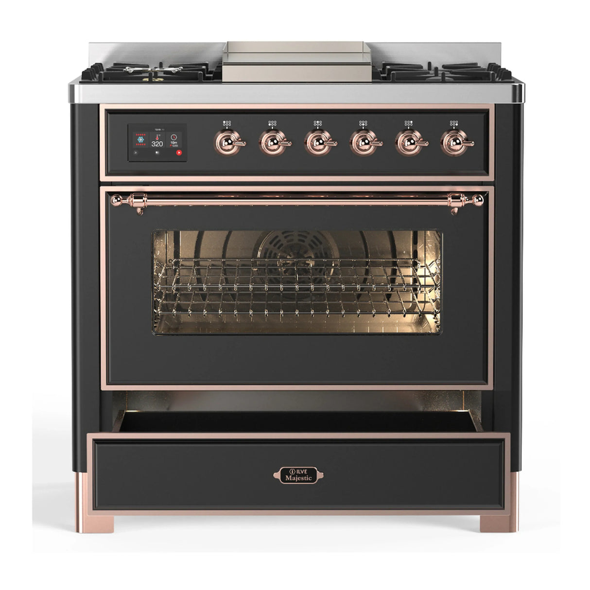 ILVE Majestic III 36-inch Dual Fuel Range with 6 Natural Gas Burner, Griddle and Triple Glass Door Electric Oven in Graphite Matte with Copper Trim (UM36FNR3MGP)