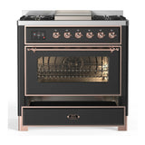 ILVE Majestic III 36-inch Dual Fuel Range with 5 Liquid Propane Burner, Griddle and Triple Glass Door Electric Oven in Graphite Matte with Copper Trim (UM36FNR3MGPLP)