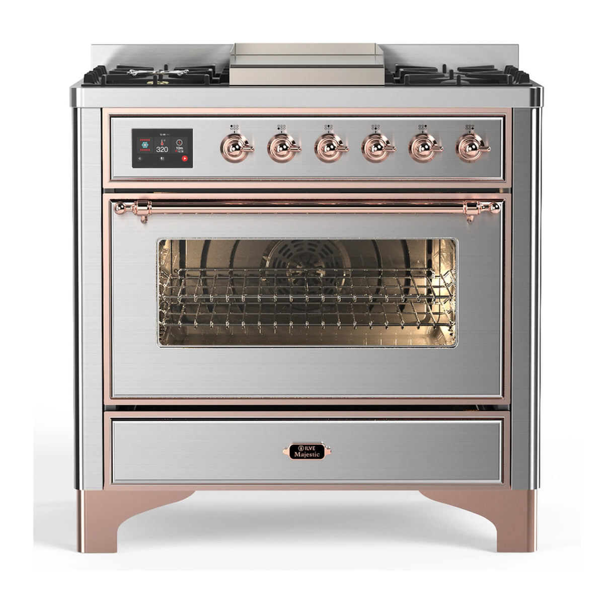 ILVE Majestic III 36-inch Dual Fuel Range with 6 Natural Gas Burner, Griddle and Triple Glass Door Electric Oven in Stainless Steel with Copper Trim (UM36FNR3SSP)