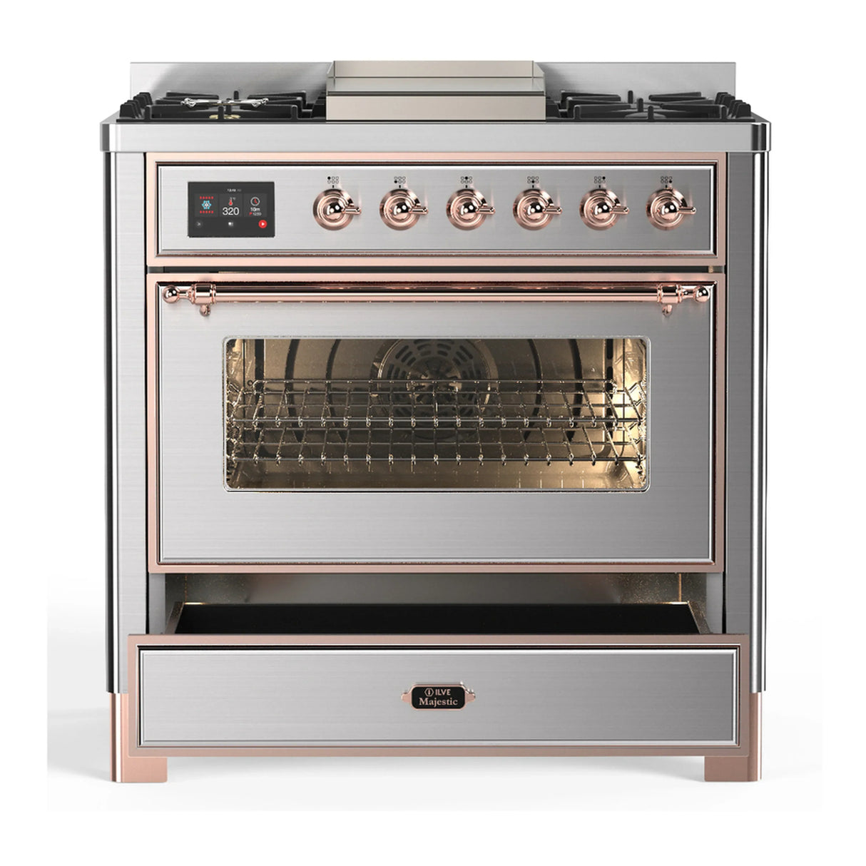 ILVE Majestic III 36-inch Dual Fuel Range with 6 Natural Gas Burner, Griddle and Triple Glass Door Electric Oven in Stainless Steel with Copper Trim (UM36FNR3SSP)