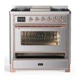 ILVE Majestic III 36-inch Dual Fuel Range with 6 Natural Gas Burner, Griddle and Triple Glass Door Electric Oven in Stainless Steel with Copper Trim (UM36FNR3SSP)