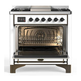 ILVE Majestic III 36-inch Dual Fuel Range with 5 Liquid Propane Burner, Griddle and Triple Glass Door Electric Oven in White with Burnished Trim (UM36FNR3WHBLP)