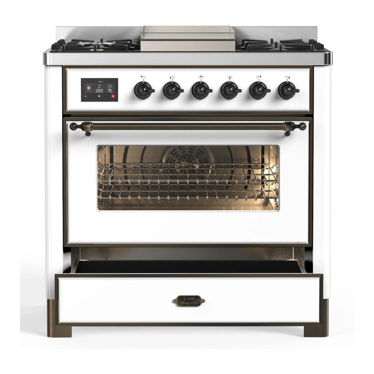 ILVE Majestic III 36-inch Dual Fuel Range with 5 Liquid Propane Burner, Griddle and Triple Glass Door Electric Oven in White with Burnished Trim (UM36FNR3WHBLP)