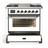 ILVE Majestic III 36-inch Dual Fuel Range with 5 Liquid Propane Burner, Griddle and Triple Glass Door Electric Oven in White with Burnished Trim (UM36FNR3WHBLP)