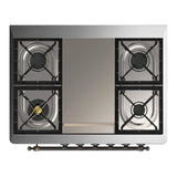 ILVE Majestic III 36-inch Dual Fuel Range with 5 Liquid Propane Burner, Griddle and Triple Glass Door Electric Oven in White with Burnished Trim (UM36FNR3WHBLP)