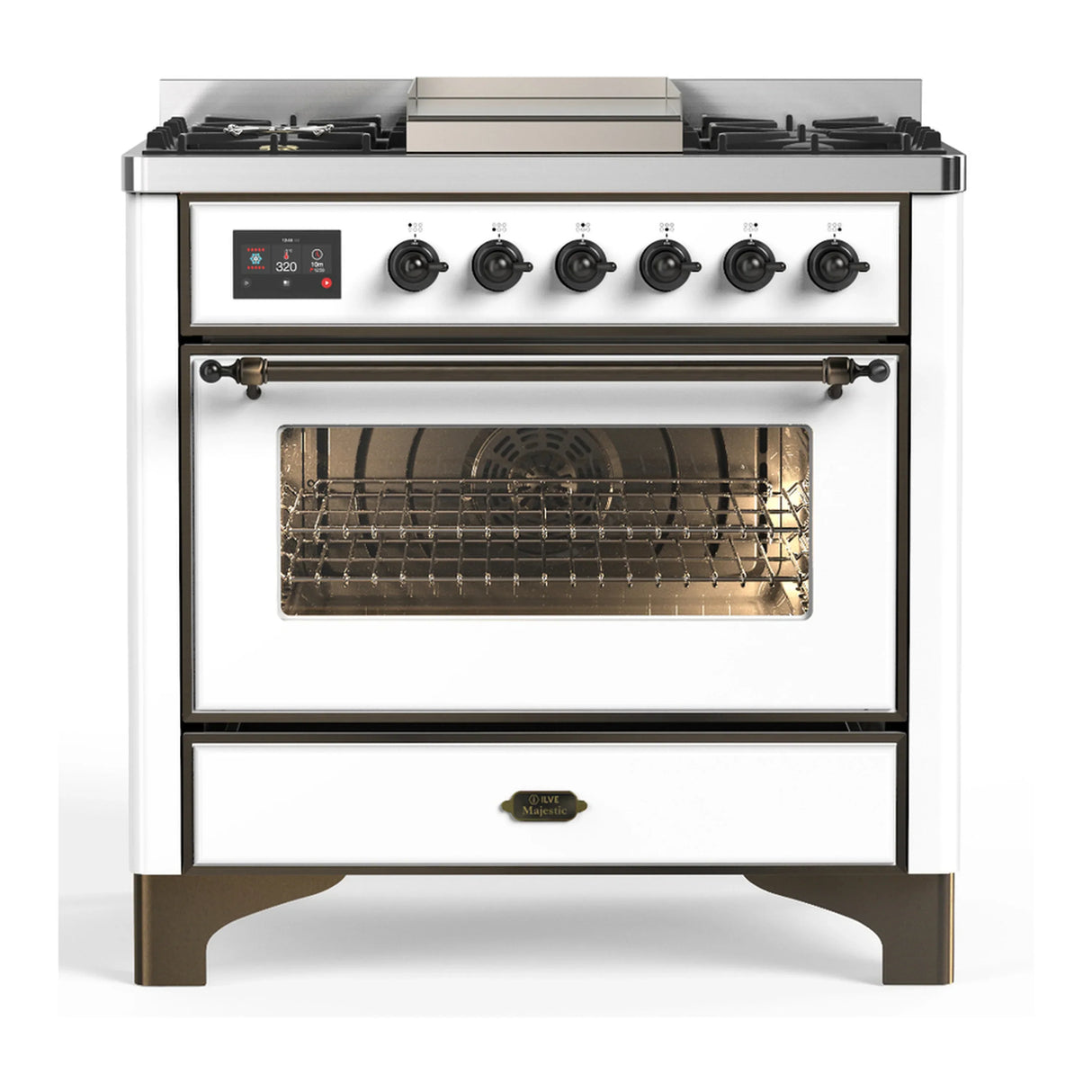 ILVE Majestic III 36-inch Dual Fuel Range with 5 Liquid Propane Burner, Griddle and Triple Glass Door Electric Oven in White with Burnished Trim (UM36FNR3WHBLP)