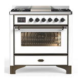 ILVE Majestic III 36-inch Dual Fuel Range with 5 Liquid Propane Burner, Griddle and Triple Glass Door Electric Oven in White with Burnished Trim (UM36FNR3WHBLP)