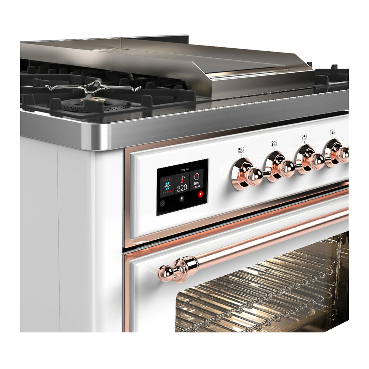 ILVE Majestic III 36-inch Dual Fuel Range with 6 Natural Gas Burner, Griddle and Triple Glass Door Electric Oven in White with Copper Trim (UM36FNR3WHP)