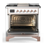 ILVE Majestic III 36-inch Dual Fuel Range with 5 Liquid Propane Burner, Griddle and Triple Glass Door Electric Oven in White with Copper Trim (UM36FNR3WHPLP)