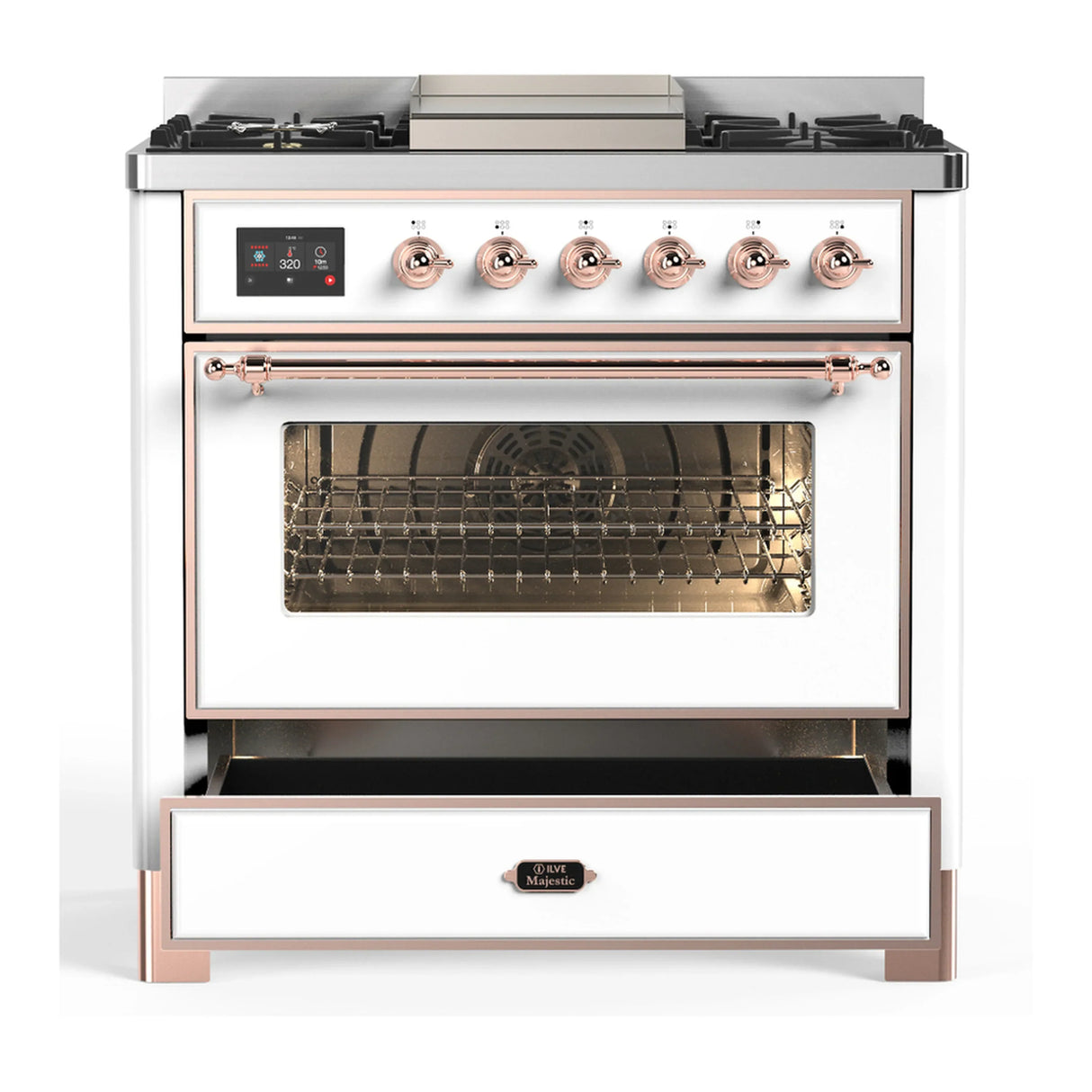 ILVE Majestic III 36-inch Dual Fuel Range with 5 Liquid Propane Burner, Griddle and Triple Glass Door Electric Oven in White with Copper Trim (UM36FNR3WHPLP)