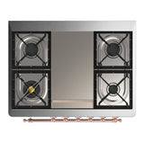 ILVE Majestic III 36-inch Dual Fuel Range with 5 Liquid Propane Burner, Griddle and Triple Glass Door Electric Oven in White with Copper Trim (UM36FNR3WHPLP)