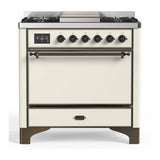 ILVE Majestic III 36-inch Dual Fuel Range with 6 Natural Gas Burner, Griddle and Solid Door Electric Oven in Antique White with Burnished Trim (UM36FQNR3AWB)
