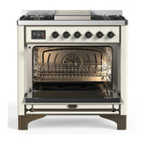 ILVE Majestic III 36-inch Dual Fuel Range with 6 Natural Gas Burner, Griddle and Solid Door Electric Oven in Antique White with Burnished Trim (UM36FQNR3AWB)