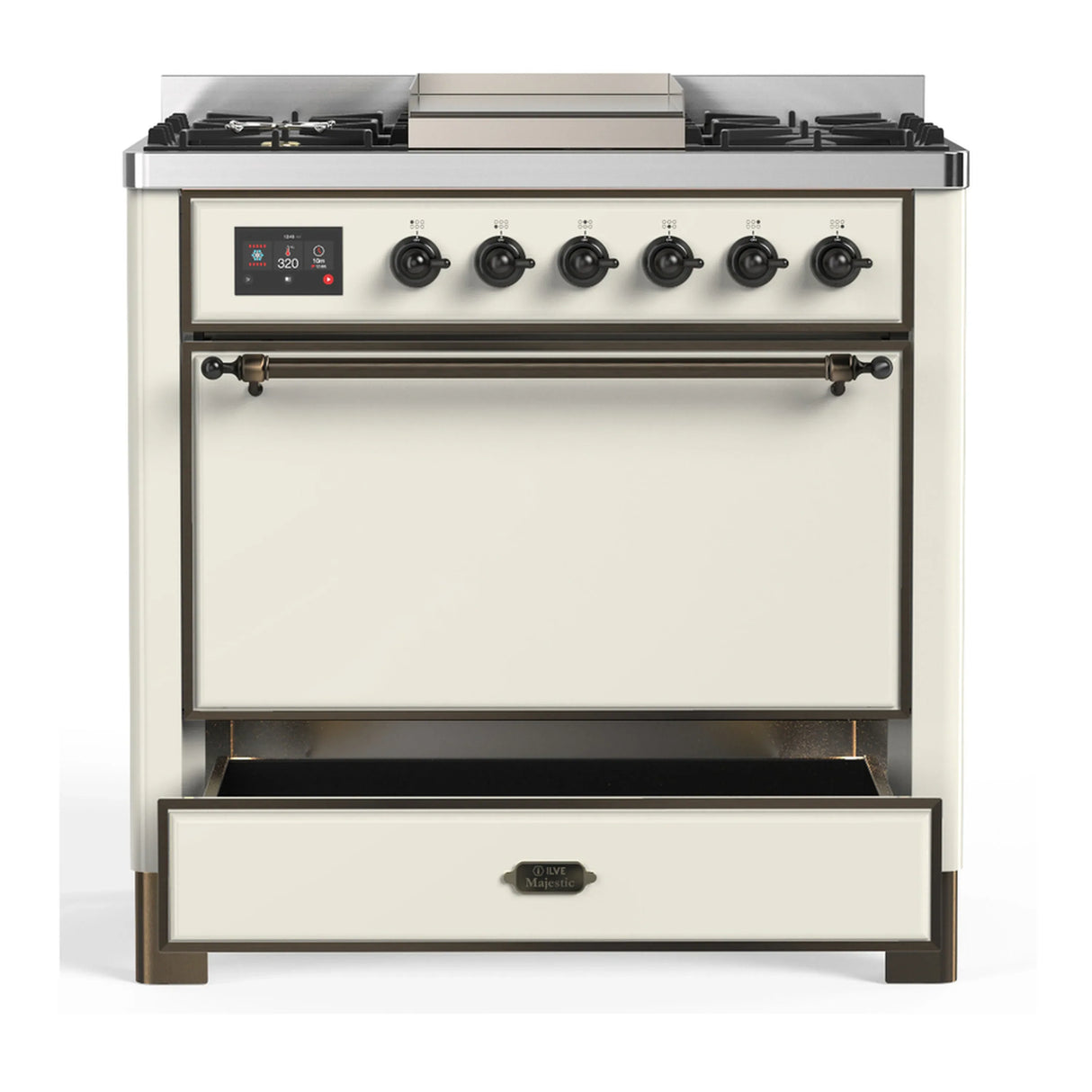 ILVE Majestic III 36-inch Dual Fuel Range with 6 Natural Gas Burner, Griddle and Solid Door Electric Oven in Antique White with Burnished Trim (UM36FQNR3AWB)