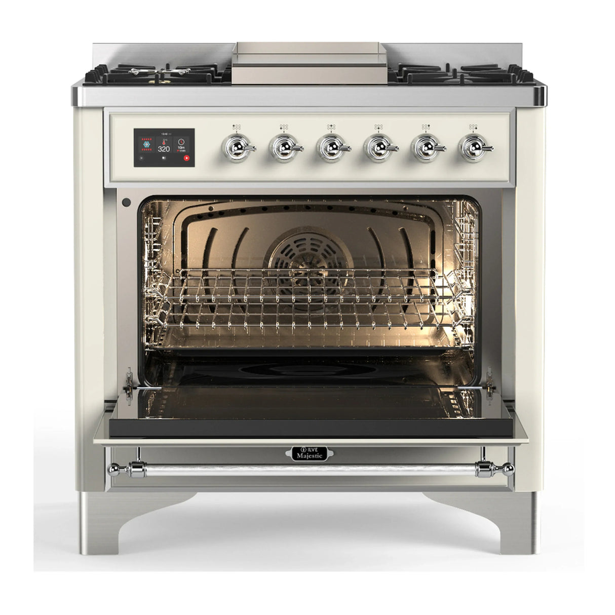 ILVE Majestic III 36-inch Dual Fuel Range with 5 Liquid Propane Burner, Griddle and Solid Door Electric Oven in Antique White with Chrome Trim (UM36FQNR3AWCLP)