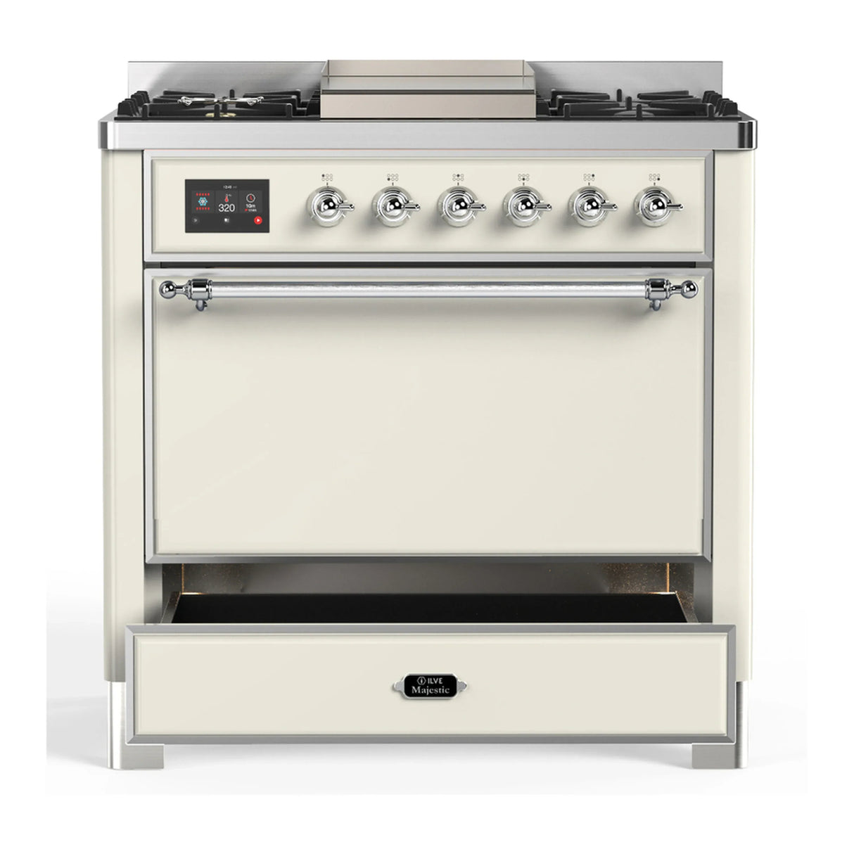 ILVE Majestic III 36-inch Dual Fuel Range with 5 Liquid Propane Burner, Griddle and Solid Door Electric Oven in Antique White with Chrome Trim (UM36FQNR3AWCLP)