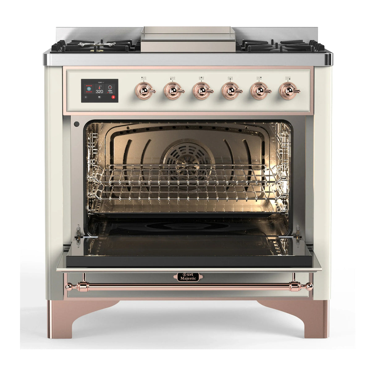 ILVE Majestic III 36-inch Dual Fuel Range with 5 Liquid Propane Burner, Griddle and Solid Door Electric Oven in Antique White with Copper Trim (UM36FQNR3AWPLP)