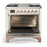 ILVE Majestic III 36-inch Dual Fuel Range with 5 Liquid Propane Burner, Griddle and Solid Door Electric Oven in Antique White with Copper Trim (UM36FQNR3AWPLP)
