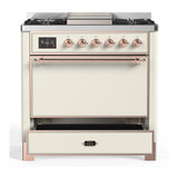 ILVE Majestic III 36-inch Dual Fuel Range with 5 Liquid Propane Burner, Griddle and Solid Door Electric Oven in Antique White with Copper Trim (UM36FQNR3AWPLP)