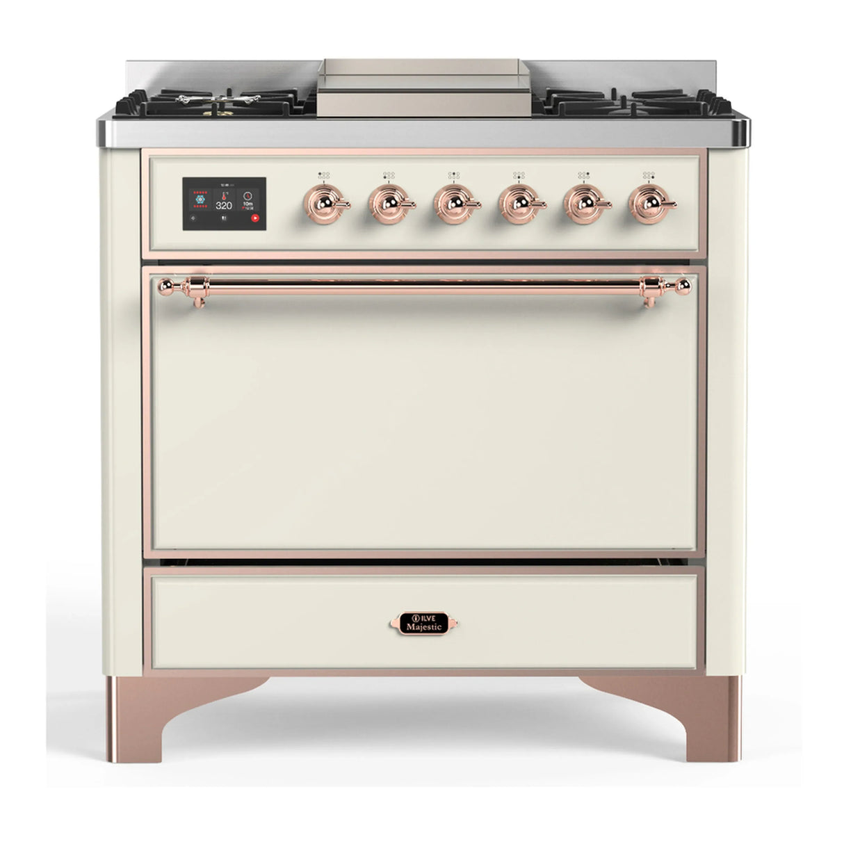 ILVE Majestic III 36-inch Dual Fuel Range with 5 Liquid Propane Burner, Griddle and Solid Door Electric Oven in Antique White with Copper Trim (UM36FQNR3AWPLP)