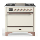 ILVE Majestic III 36-inch Dual Fuel Range with 5 Liquid Propane Burner, Griddle and Solid Door Electric Oven in Antique White with Copper Trim (UM36FQNR3AWPLP)