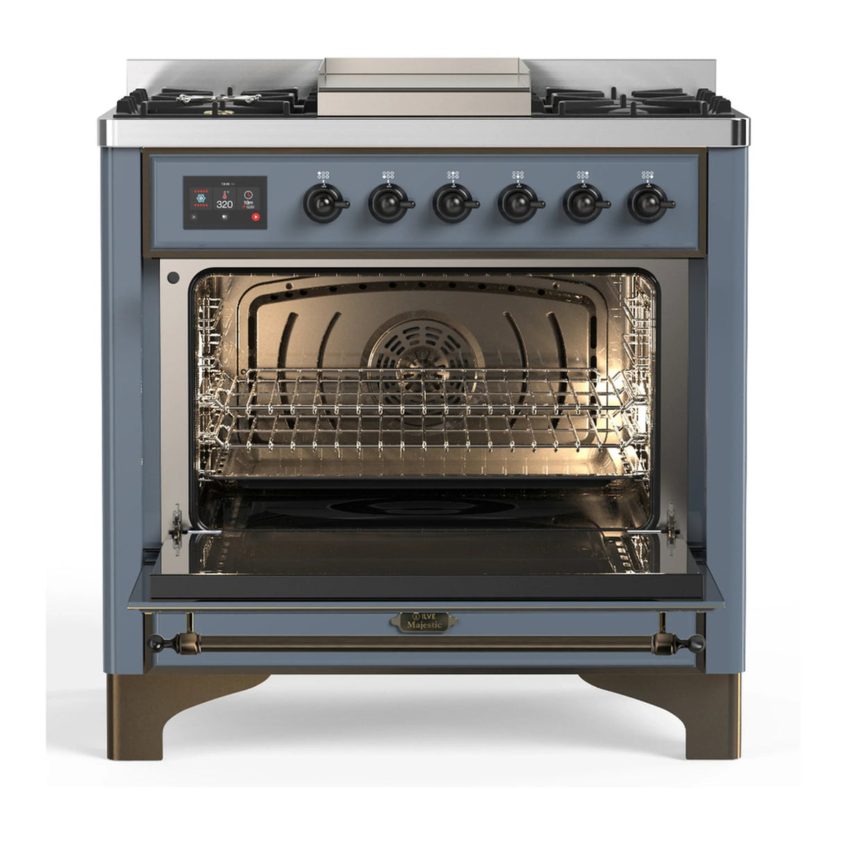 ILVE Majestic III 36-inch Dual Fuel Range with 5 Liquid Propane Burner, Griddle and Solid Door Electric Oven in Blue Grey with Burnished Trim (UM36FQNR3BGBLP)