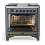 ILVE Majestic III 36-inch Dual Fuel Range with 5 Liquid Propane Burner, Griddle and Solid Door Electric Oven in Blue Grey with Burnished Trim (UM36FQNR3BGBLP)