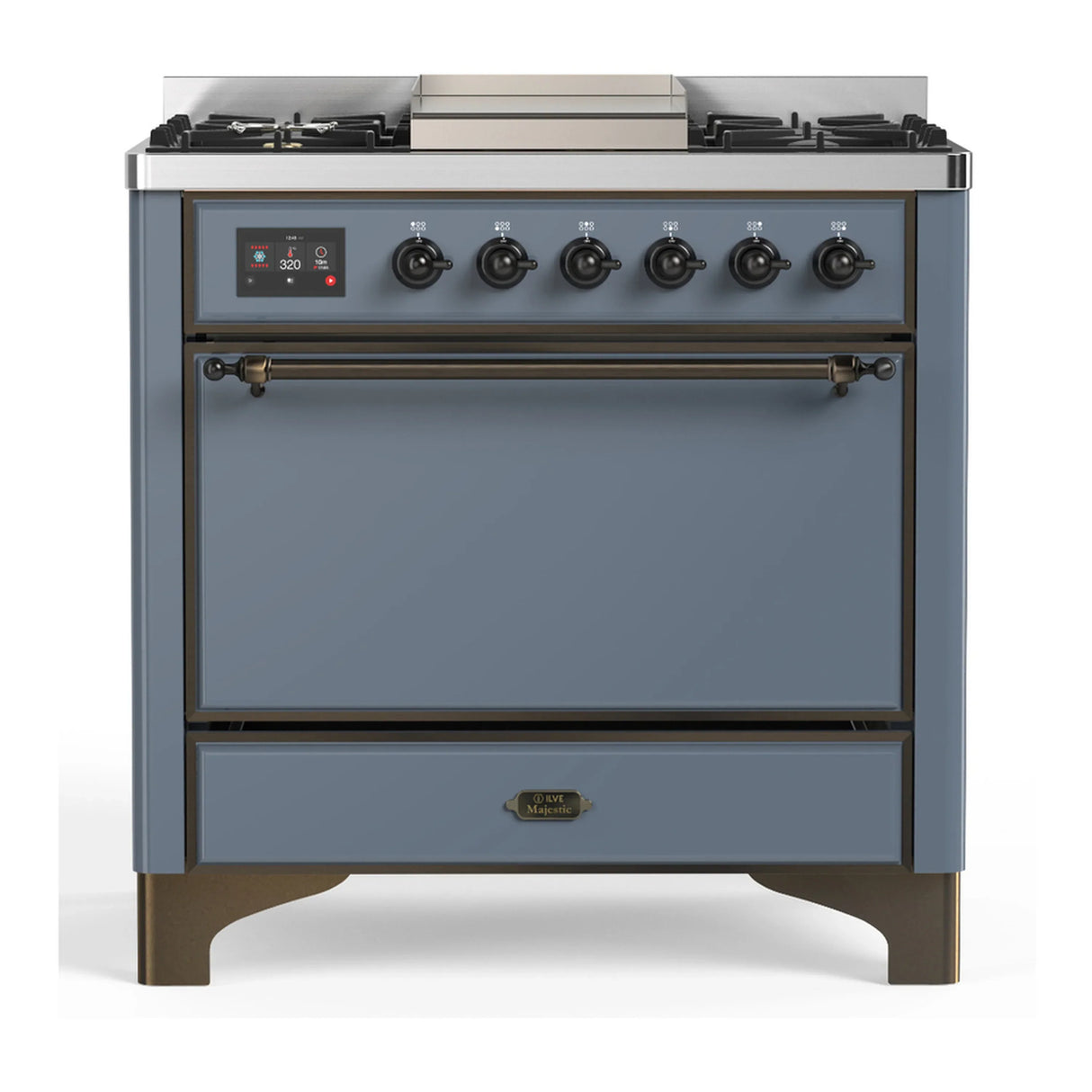 ILVE Majestic III 36-inch Dual Fuel Range with 5 Liquid Propane Burner, Griddle and Solid Door Electric Oven in Blue Grey with Burnished Trim (UM36FQNR3BGBLP)