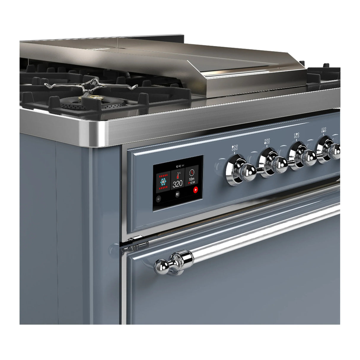 ILVE Majestic III 36-inch Dual Fuel Range with 6 Natural Gas Burner, Griddle and Solid Door Electric Oven in Blue Grey with Chrome Trim (UM36FQNR3BGC)