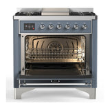 ILVE Majestic III 36-inch Dual Fuel Range with 6 Natural Gas Burner, Griddle and Solid Door Electric Oven in Blue Grey with Chrome Trim (UM36FQNR3BGC)