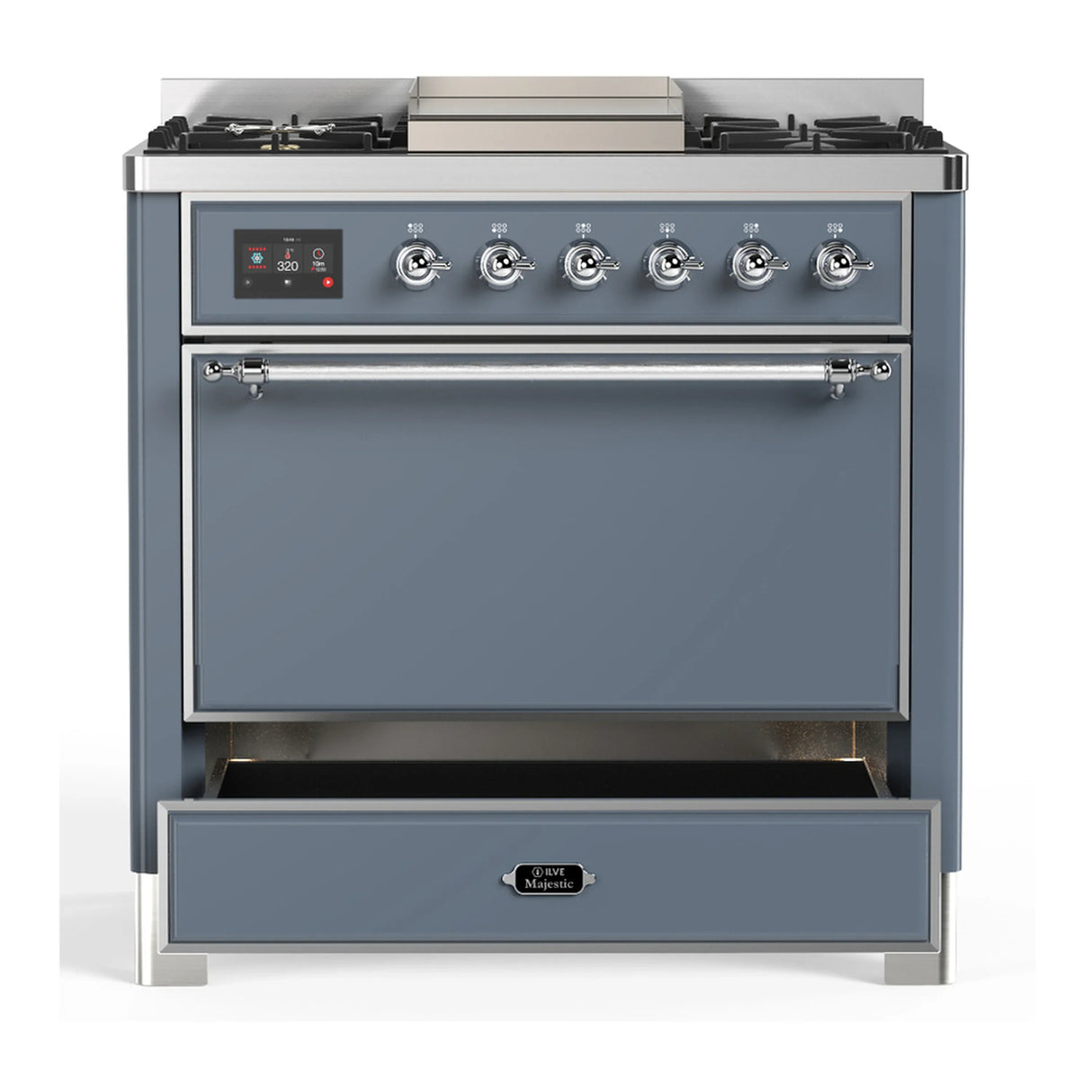 ILVE Majestic III 36-inch Dual Fuel Range with 6 Natural Gas Burner, Griddle and Solid Door Electric Oven in Blue Grey with Chrome Trim (UM36FQNR3BGC)