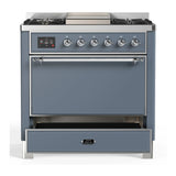 ILVE Majestic III 36-inch Dual Fuel Range with 6 Natural Gas Burner, Griddle and Solid Door Electric Oven in Blue Grey with Chrome Trim (UM36FQNR3BGC)