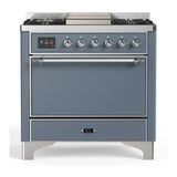 ILVE Majestic III 36-inch Dual Fuel Range with 6 Natural Gas Burner, Griddle and Solid Door Electric Oven in Blue Grey with Chrome Trim (UM36FQNR3BGC)