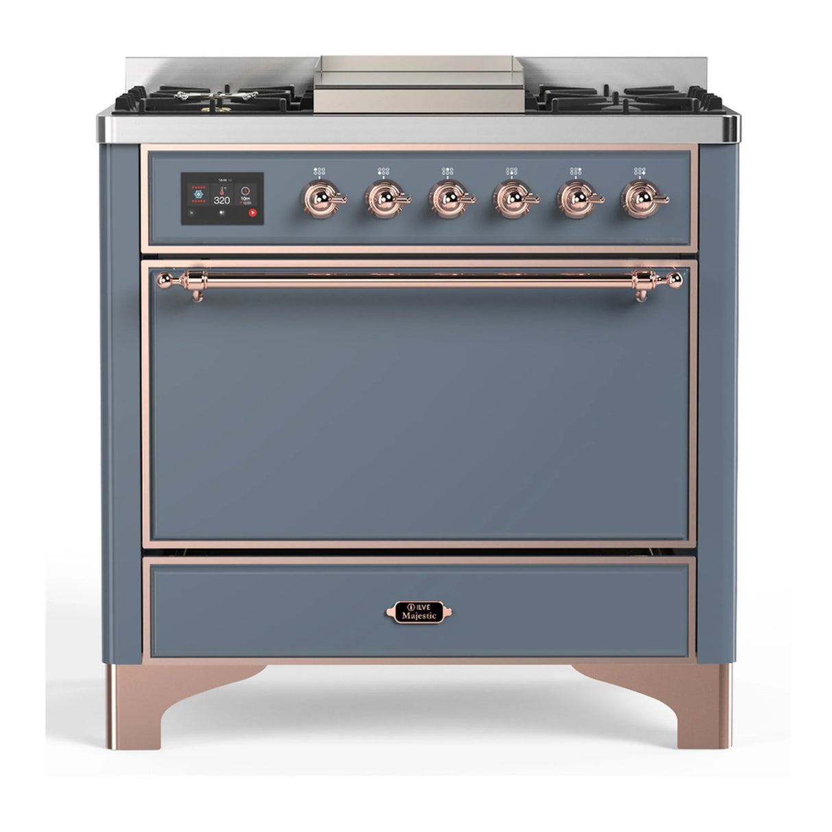 ILVE Majestic III 36-inch Dual Fuel Range with 5 Liquid Propane Burner, Griddle and Solid Door Electric Oven in Blue Grey with Copper Trim (UM36FQNR3BGPLP)