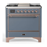 ILVE Majestic III 36-inch Dual Fuel Range with 5 Liquid Propane Burner, Griddle and Solid Door Electric Oven in Blue Grey with Copper Trim (UM36FQNR3BGPLP)