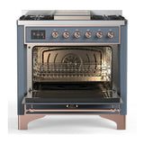 ILVE Majestic III 36-inch Dual Fuel Range with 5 Liquid Propane Burner, Griddle and Solid Door Electric Oven in Blue Grey with Copper Trim (UM36FQNR3BGPLP)