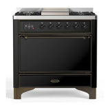 ILVE Majestic III 36-inch Dual Fuel Range with 6 Natural Gas Burner, Griddle and Solid Door Electric Oven in Glossy Black with Burnished Trim (UM36FQNR3BKB)