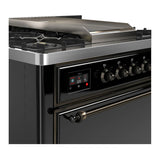 ILVE Majestic III 36-inch Dual Fuel Range with 6 Natural Gas Burner, Griddle and Solid Door Electric Oven in Glossy Black with Burnished Trim (UM36FQNR3BKB)