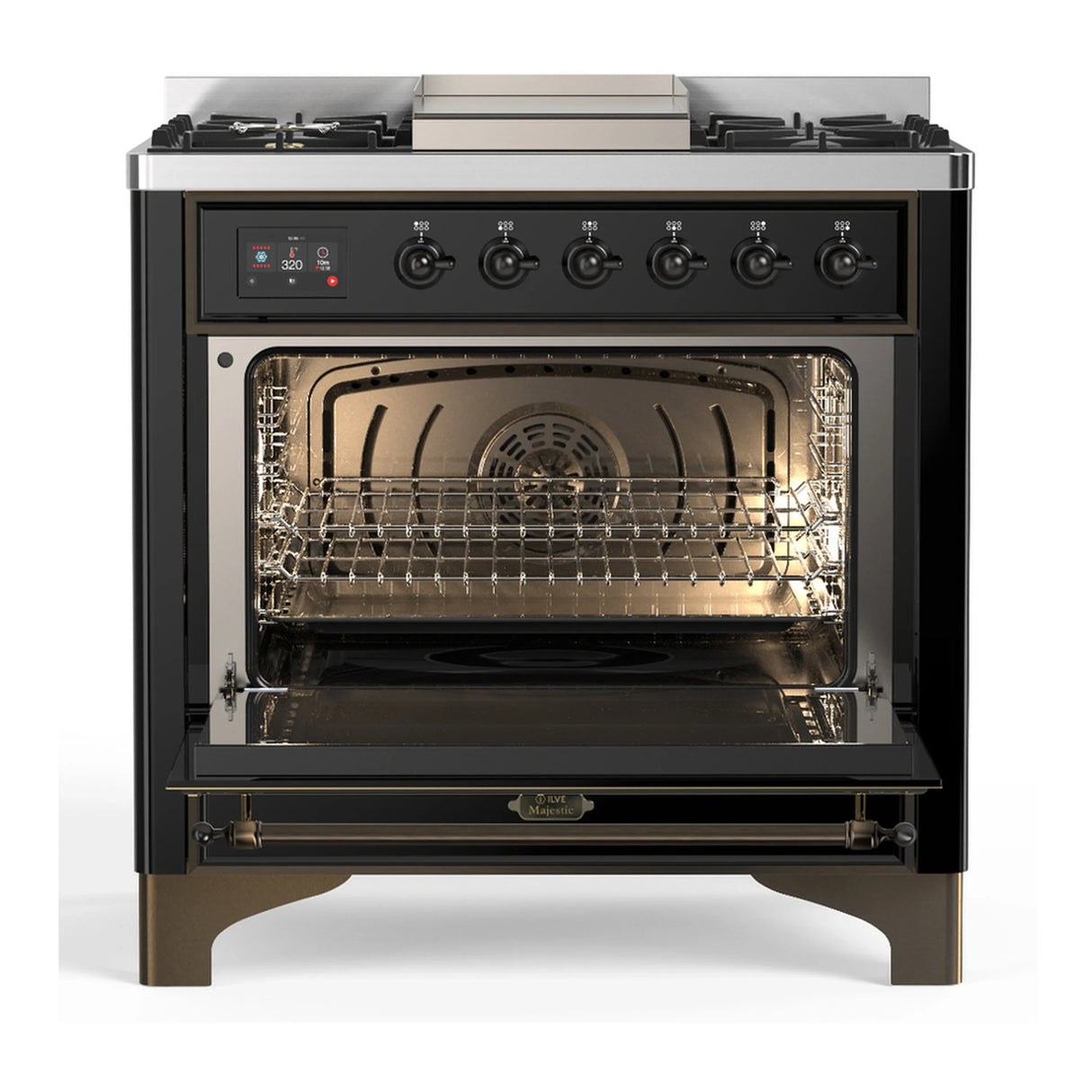 ILVE Majestic III 36-inch Dual Fuel Range with 6 Natural Gas Burner, Griddle and Solid Door Electric Oven in Glossy Black with Burnished Trim (UM36FQNR3BKB)